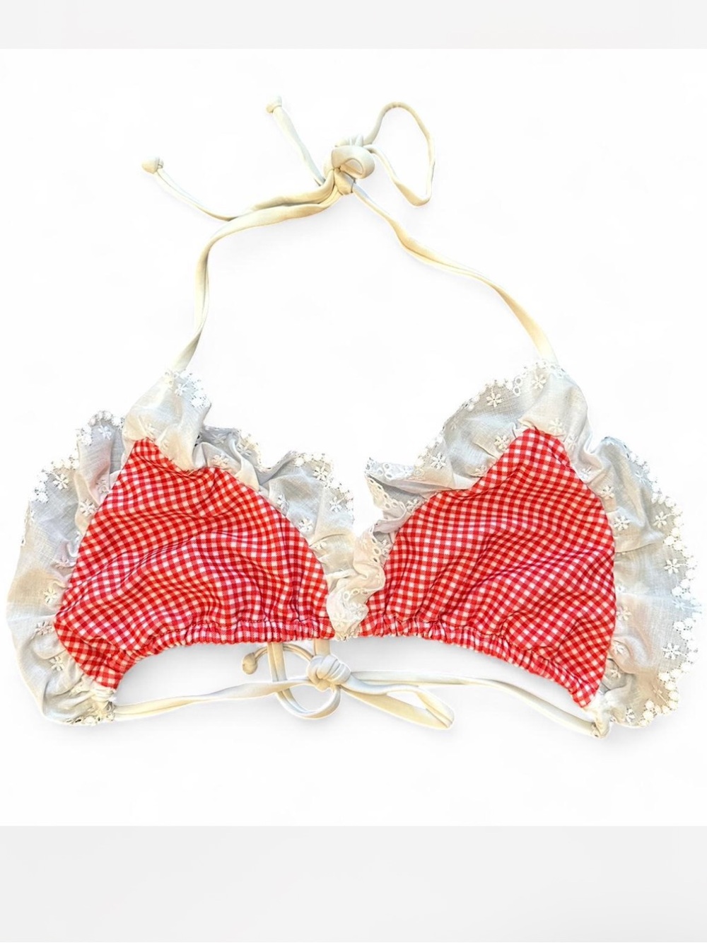 *NWT* LOLLI SWIM Mi Linda Ruffle Pocket Bikini Top Red Gingham Eyelet Lace — M